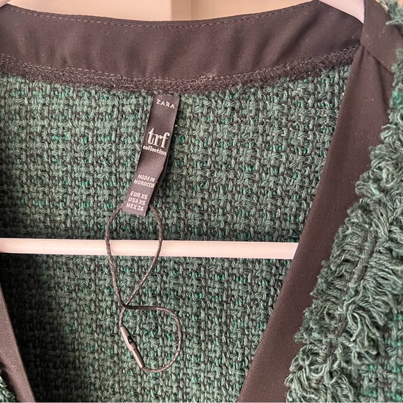 Zara Green Tweed Statement Top Shirt Black Floppy Bow Short Sleeve Woven XS - Picture 4 of 7